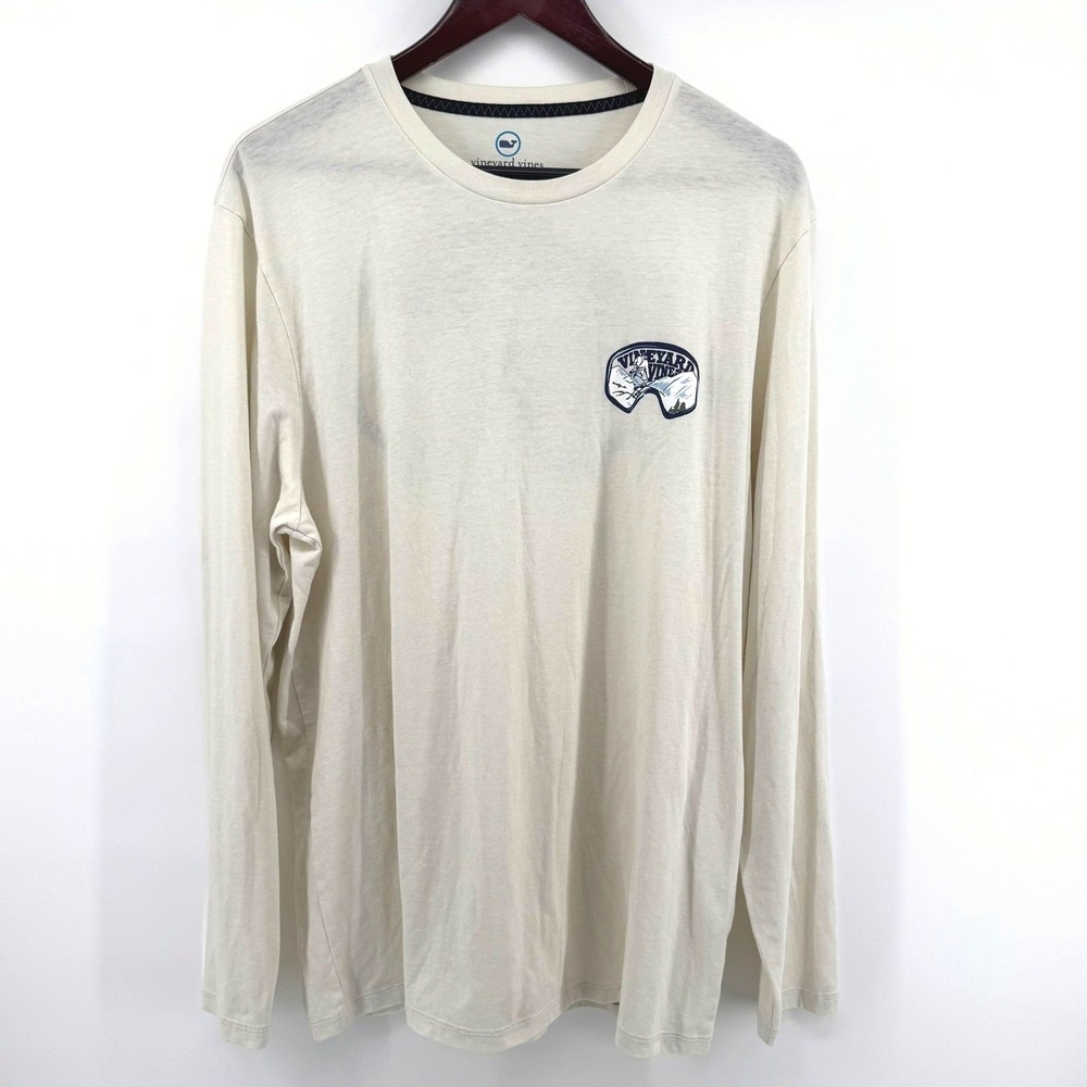 Vineyard Vines Dunes Tee Mens XL Cream Long Sleeve Ski Goggles Graphic Gorpcore